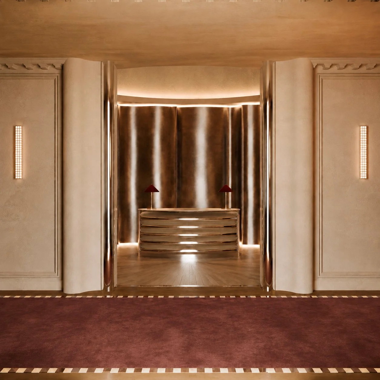 Une entrée élégante avec une décoration en bois, un comptoir en forme de vague avec deux lampes rouges sur chaque côté, et un fond en métal brillant.