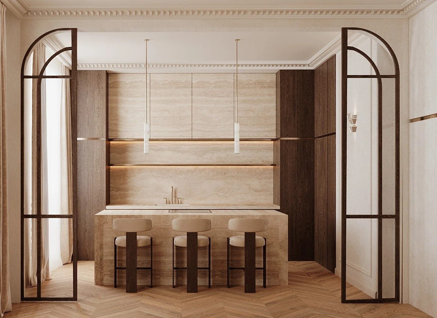 Cuisine moderne avec comptoir en marbre crème, trois tabourets beige et bois, murs en bois clair et foncé, deux suspensions环保, ouvert sur un salon lumineux.