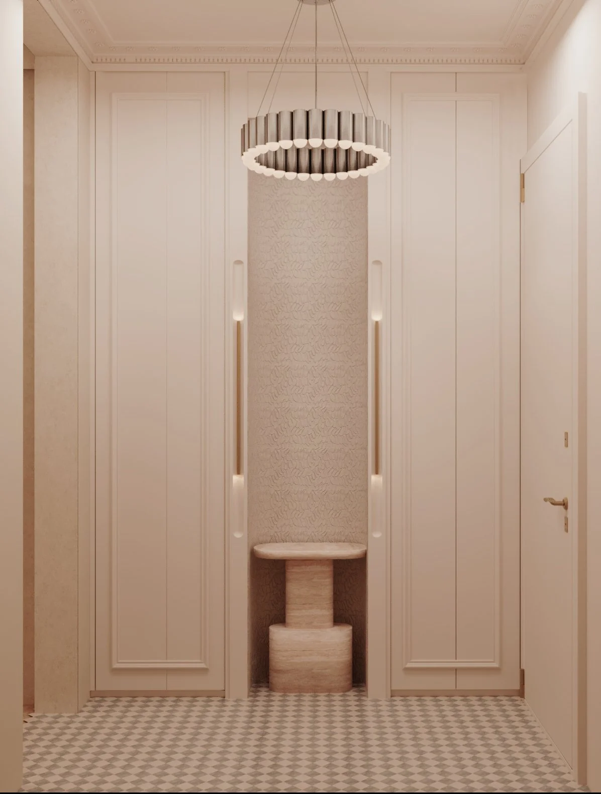 Petit espace d'entrée avec une décoration élégante, un éclairage mural intégré et un lustre moderne au plafond.