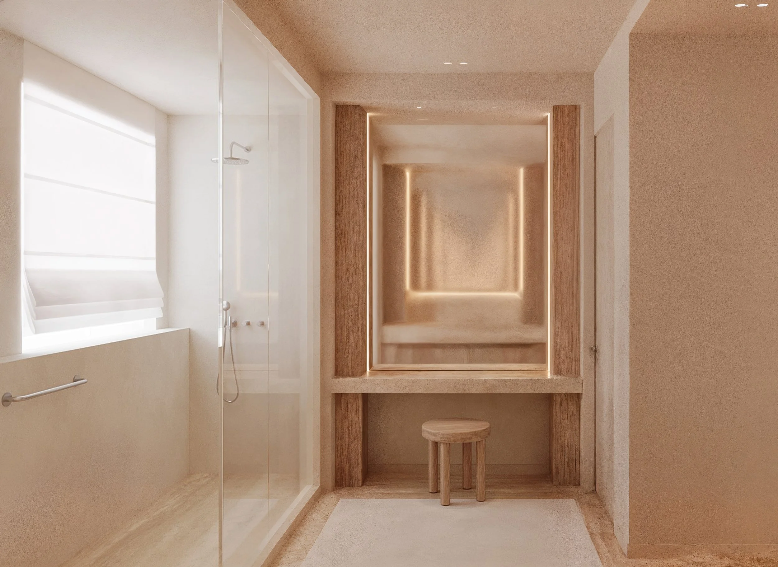 Une salle de bain minimaliste avec des murs et un sol en couleurs neutres, une douche à l'italienne avec une paroi en verre, et un espace de rangement en bois avec un tabouret assorti.