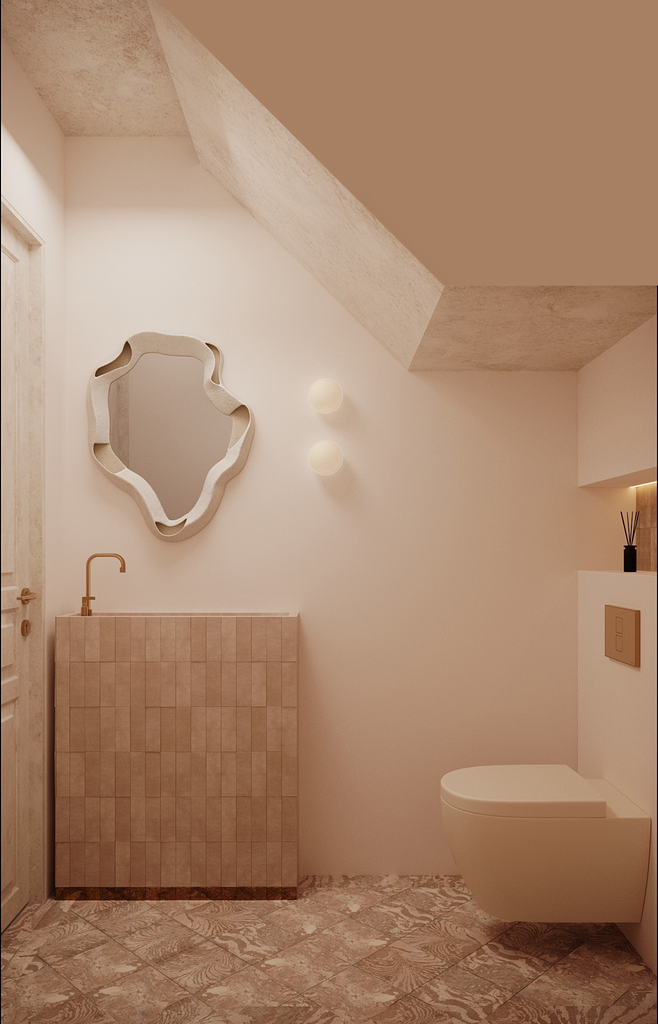 Un lavabo avec un miroir décoratif au mur, deux lampes murales sphériques, et un WC suspendu dans une salle de bain au design minimaliste et chaleureux.