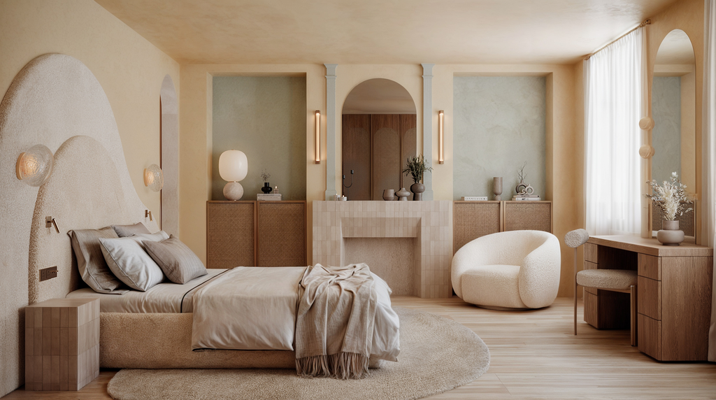 Chambre moderne avec lit à draps beige, fauteuil blanc arrondi, bureau en bois naturel, décor minimaliste avec plantes et luminaires doux.