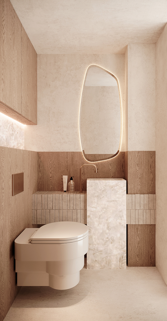Salle de bain minimaliste avec un miroir orienté asymétriquement, un lavabo en pierre avec robinet et un WC moderne blanc.