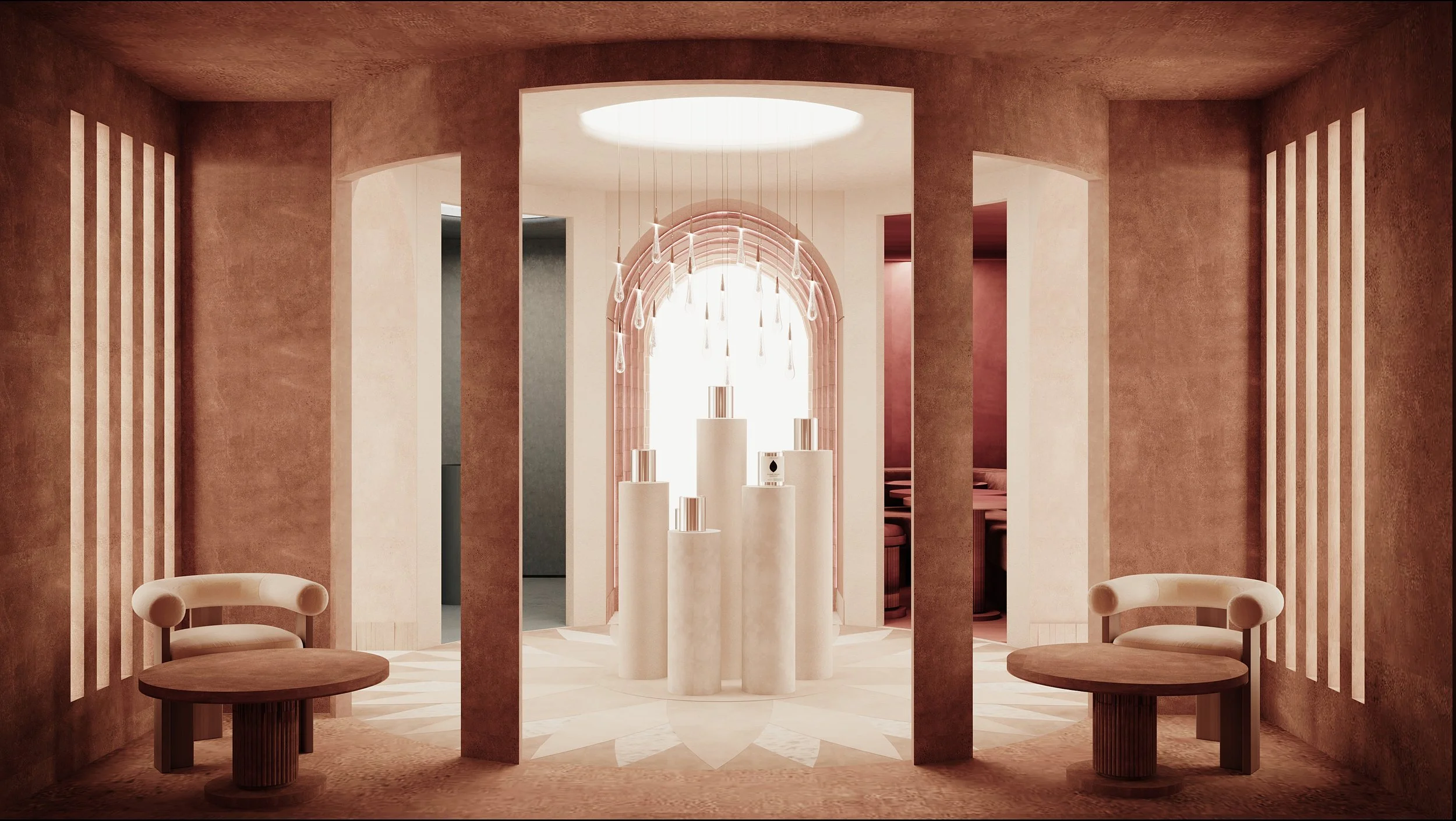Intérieur d'un espace moderne avec des murs en rose et beige, une sculpture centrale en forme de colonnes, et des bancs circulaires en bois. Une grande ouverture lumineuse au plafond laisse entrer la lumière, et une série de lampes suspendues en form