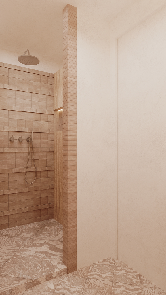 Douche moderne avec mur en carreaux de brique beige, plafond avec douchette, et sol en pierre naturelle