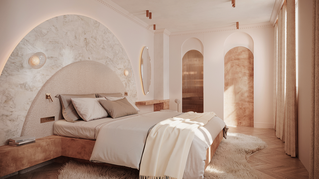 Chambre élégante avec lit king-size, coussins beiges, décoration moderne, tapis fluffy blanc, murs avec arches et reflets lumineux, grande fenêtre avec rideaux beige.