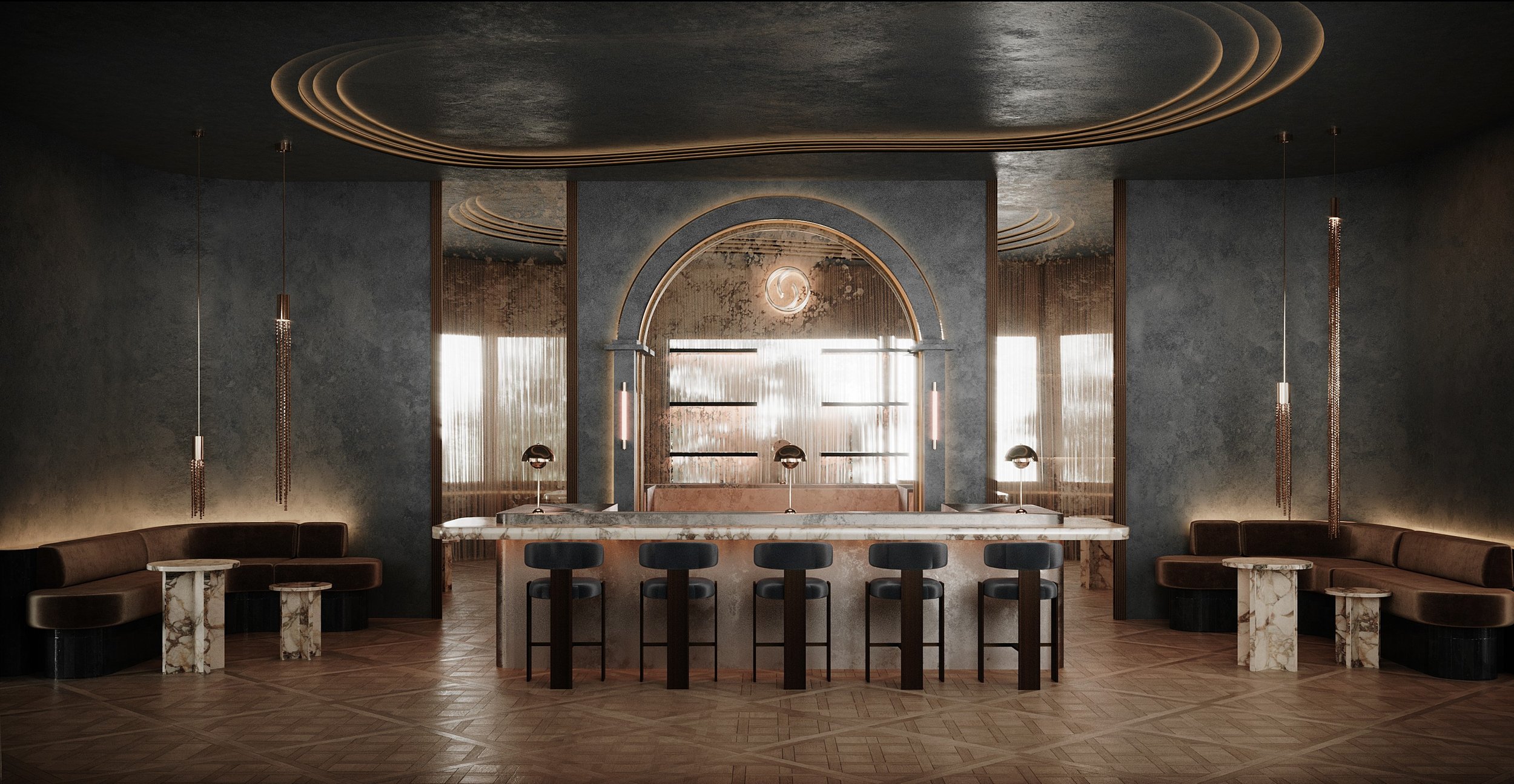 Un salon élégant avec un bar en marbre, des lampes suspendues modernes, des murs sombres et des rideaux légers laissant entrer la lumière naturelle.