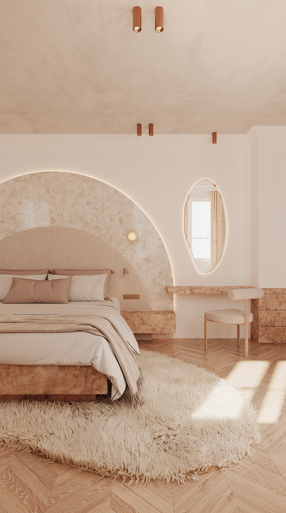 Chambre à coucher moderne avec un grand lit, tapis shaggy beige, mur avec un arc design lumineux, bureau en bois clair avec une chaise, miroir ovale sur le mur, lumière naturelle entrant par une fenêtre.