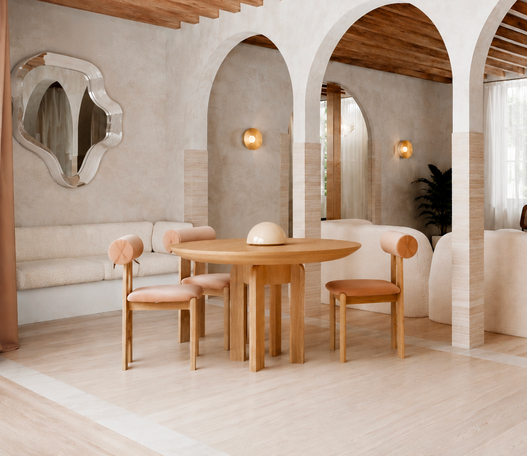 Salon au design moderne avec mobilier en bois clair, notamment une table ronde, des chaises en bois avec coussins roses, un miroir original sur le mur, et des murs en tons neutres avec arches et lumières murales