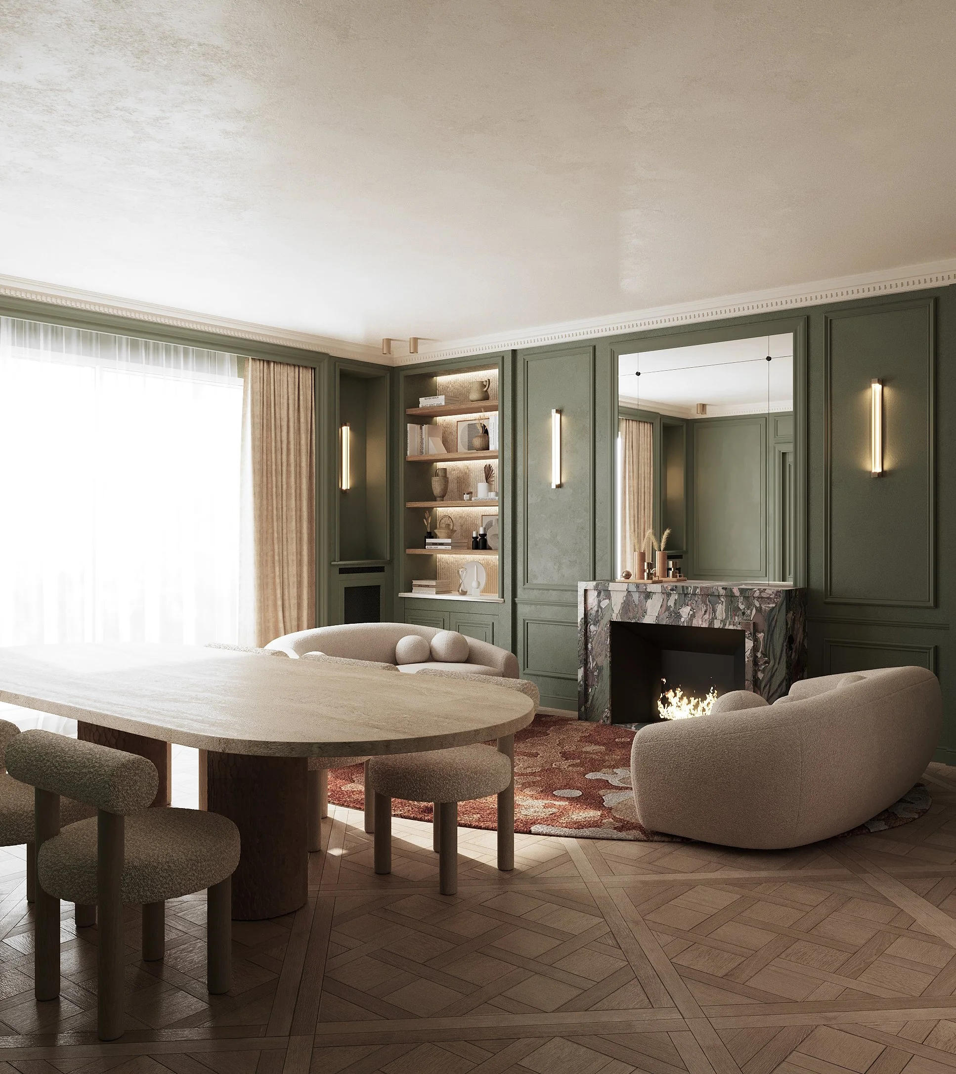 Salon de style moderne avec cheminée en marbre, bibliothèque encadrée de moulures vertes, canapé beige et table ronde en bois. Grandes fenêtres avec rideaux beiges, parquet en bois clair, murs avec moulures et lumières murales.