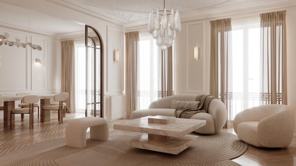 Salon lumineux avec grand canapé beige, fauteuils arrondis, table basse en marbre, lustre suspendu et fenêtres avec rideaux beiges, décoration élégante et moderne.