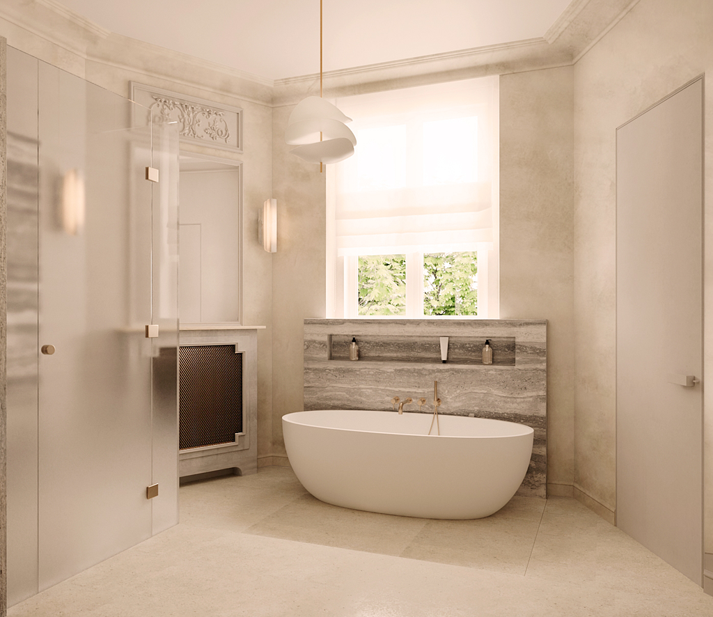 Une salle de bain élégante avec une baignoire autoportante blanche, une fenêtre laissant entrer beaucoup de lumière naturelle, et des murs en pierre grise avec étagères contenant des produits de bain. La pièce a un style moderne avec des touches de d