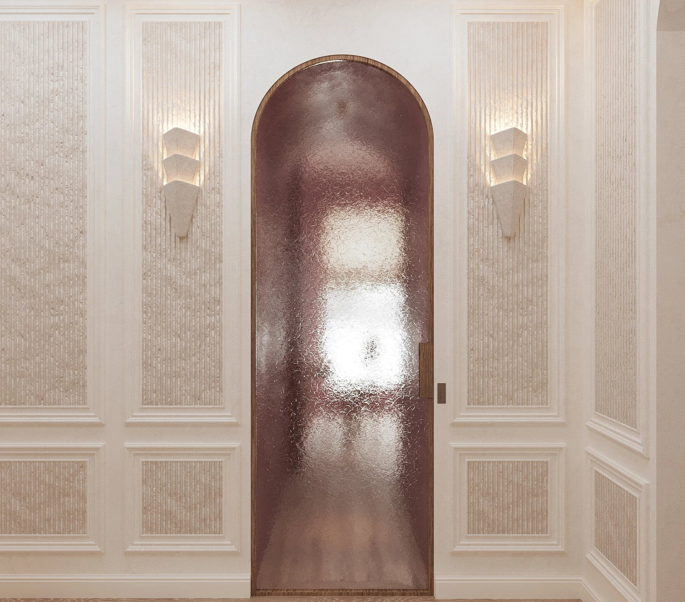 Une porte en verre teinté avec une arche en bois encadrant la porte, entourée de murs en panneau de bois blanc avec un motif vertical.
