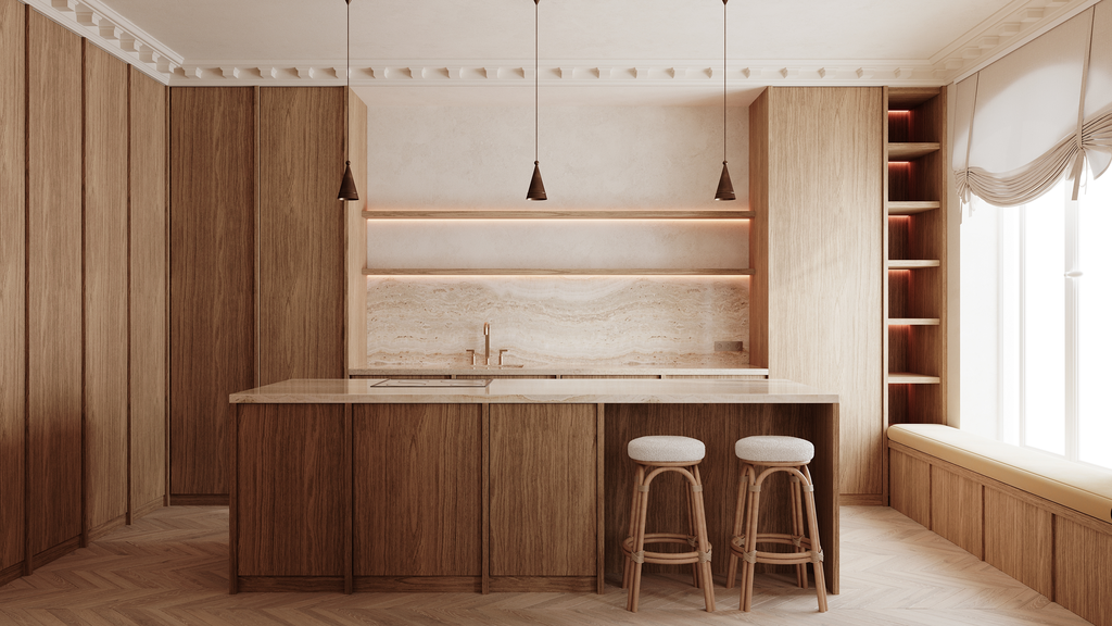 Une cuisine moderne en bois avec un ilot central, deux tabourets, des étagères lumineuses, et une grande fenêtre avec rideaux.