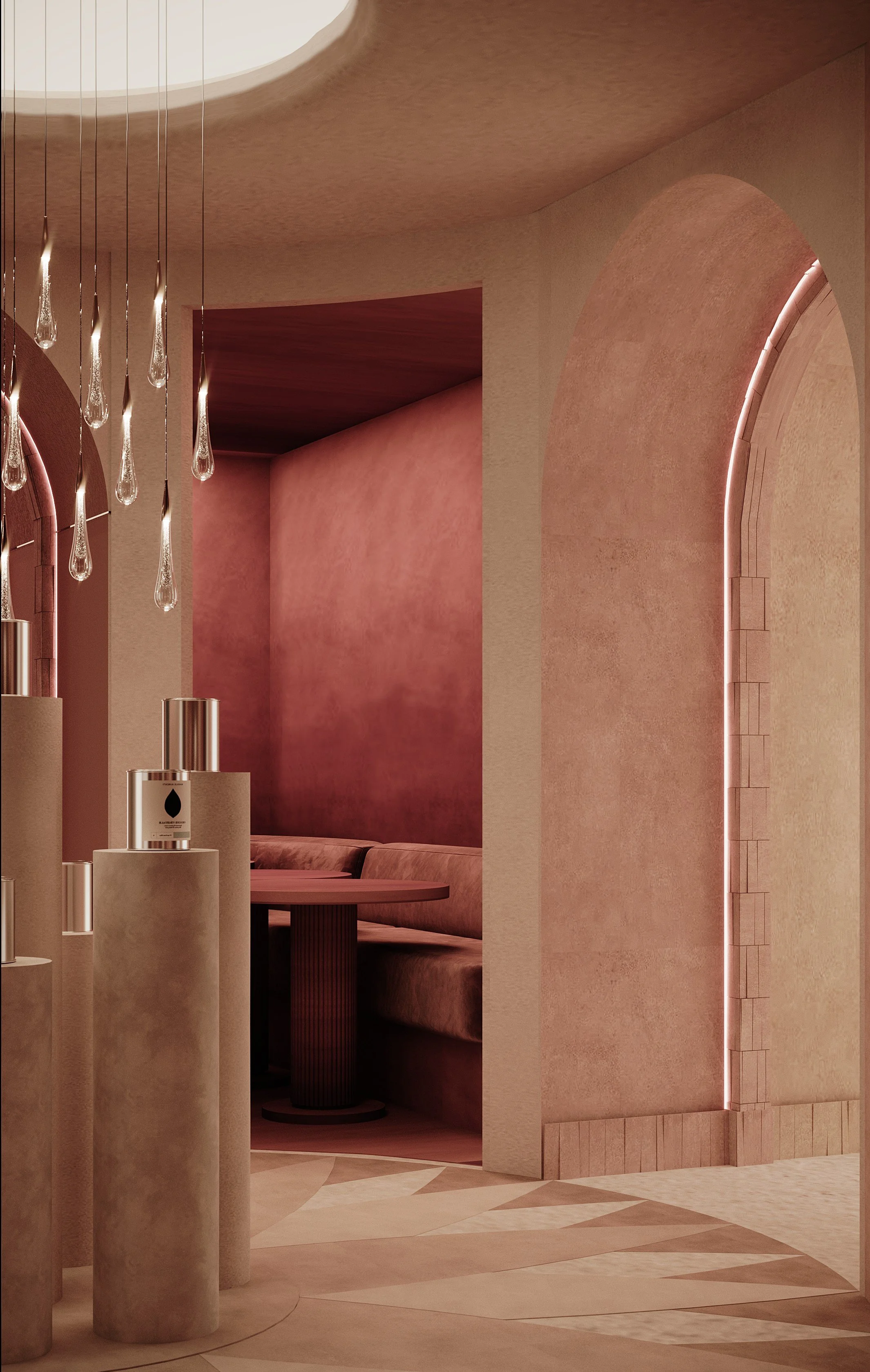Intérieur d'une pièce moderne avec murs en teintes roses et beige, colonnes en pierre, et éclairage à LED rose. Coin lounge avec banquette rembourrée et table ronde en bois. Décoration élégante et chaleureuse.