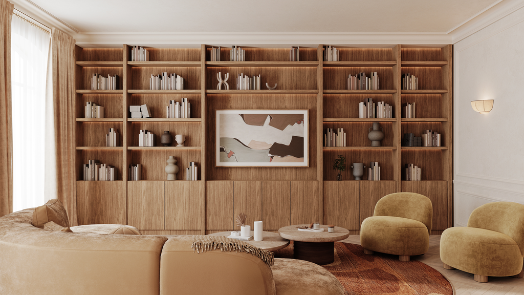 Salon avec un mur de bibliothèque en bois, un canapé beige, deux fauteuils jaunes, une table basse, et une peinture abstraite au centre du mur.