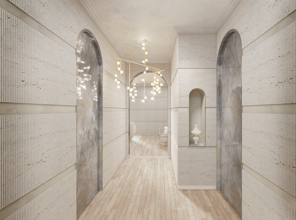Un couloir élégant avec murs en béton blanc texturé, sol en bois clair, une lampe suspendue moderne avec de petites ampoules, et une niche avec une grande urne, ambiance lumineuse et minimaliste.
