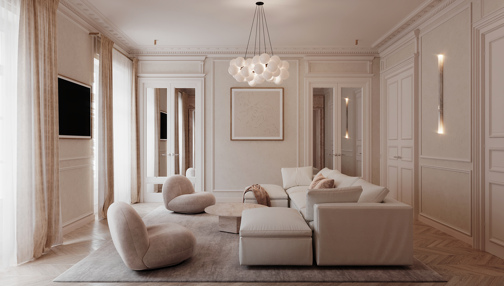 Salon moderne avec canapé blanc, fauteuils en forme de pierre, chandelier suspendu et murs élégants