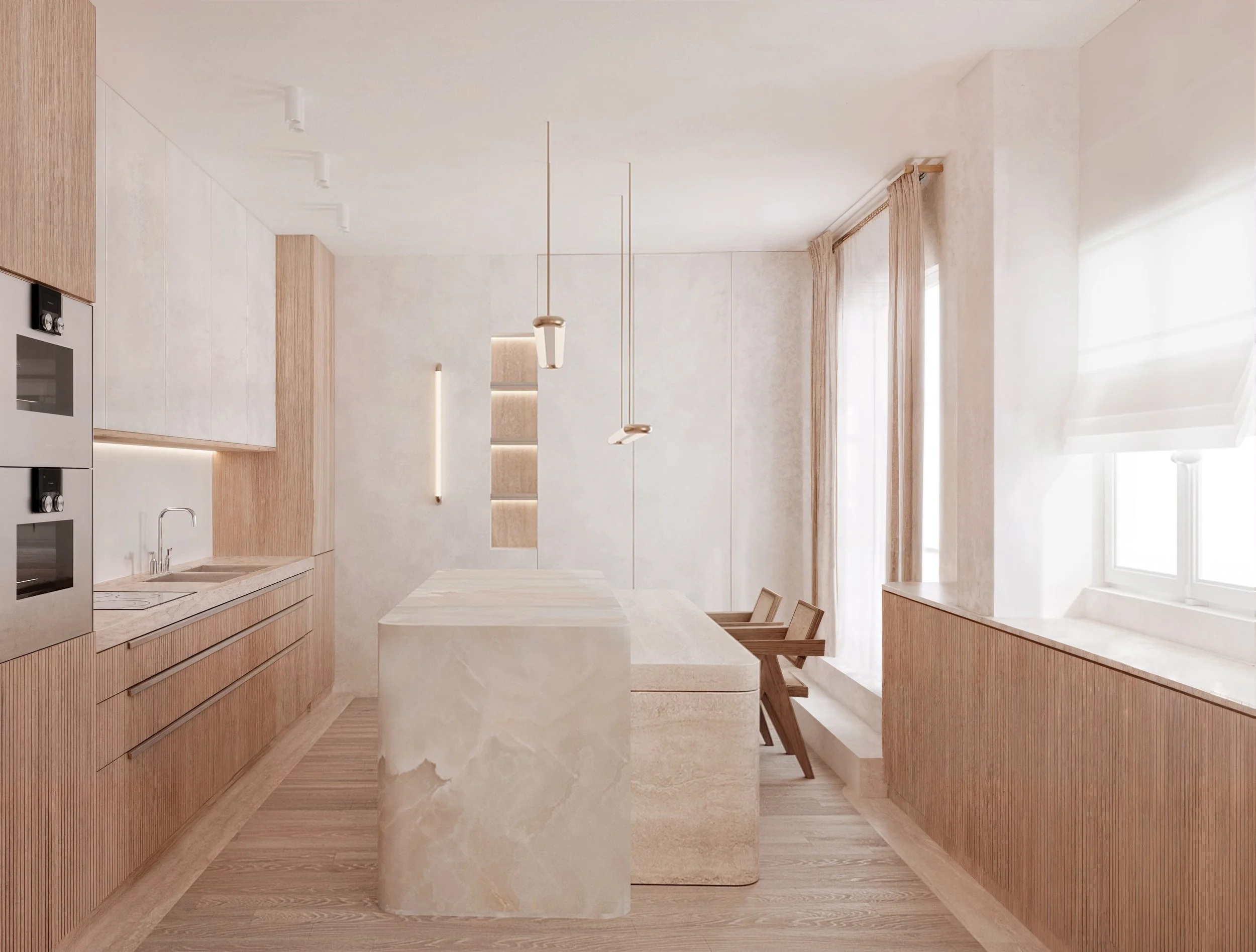 Cuisine moderne avec plan de travail en pierre, armoires en bois clair, et un îlot central en pierre avec des chaises en bois