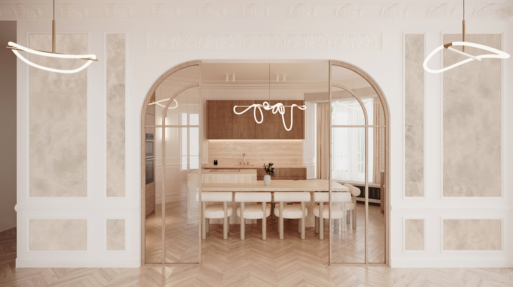 Cuisine moderne lumineuse avec un îlot central entouré de huit tabourets, éclairage design contemporain, murs en blanc avec des panneaux en pierre, grande baie vitrée laissant entrer de la lumière naturelle.