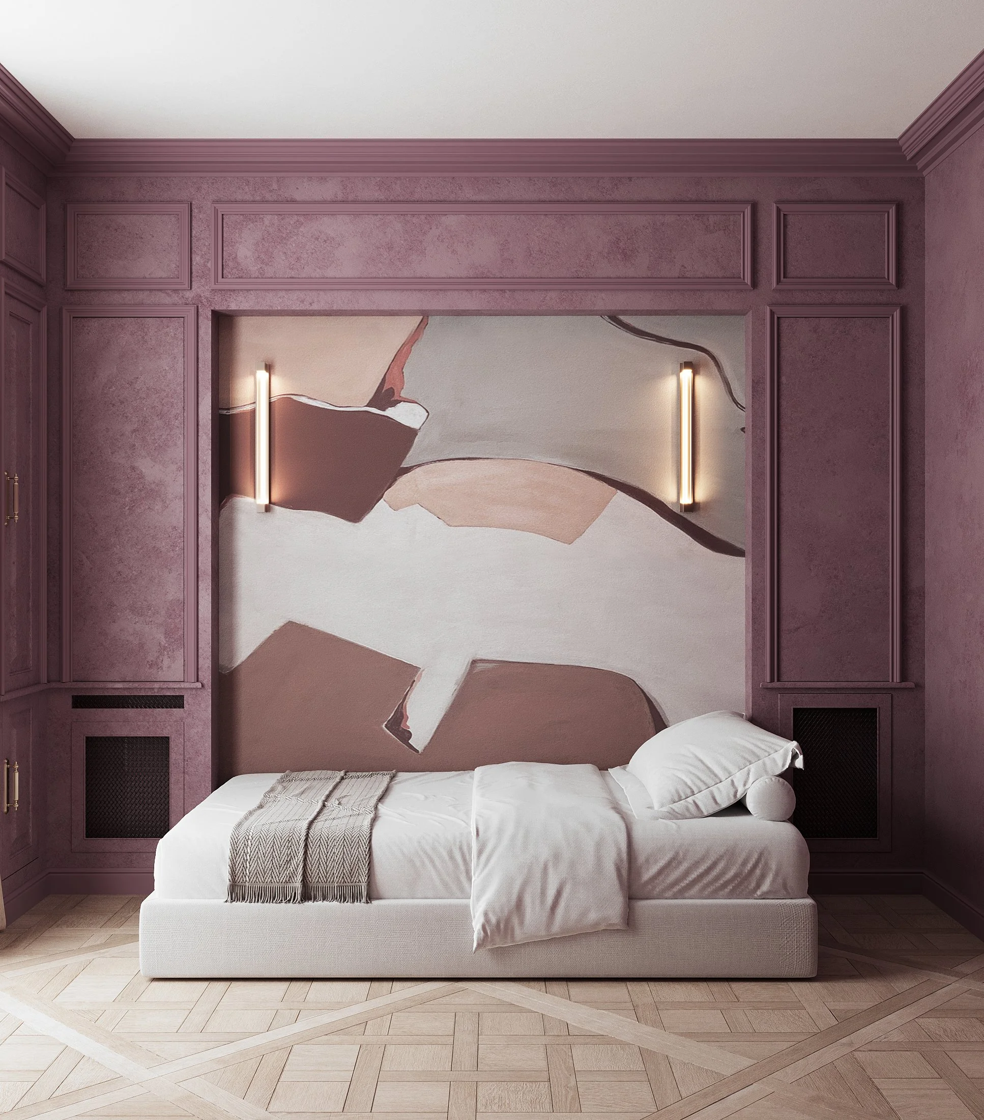 Un lit avec une draperie blanche, un plaid gris clair, un oreiller blanc, dans une chambre avec murs violet foncé, moulures en bois violet et un tableau abstrait derrière le lit, avec deux lampes linéaires encastrées de chaque côté du tableau, et un 