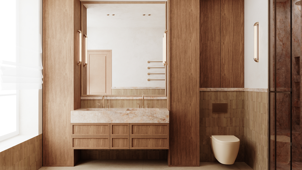 Une salle de bain moderne avec des murs en bois, un lavabo en pierre, un miroir, un WC suspendu blanc, et une grande fenêtre avec des stores blancs.