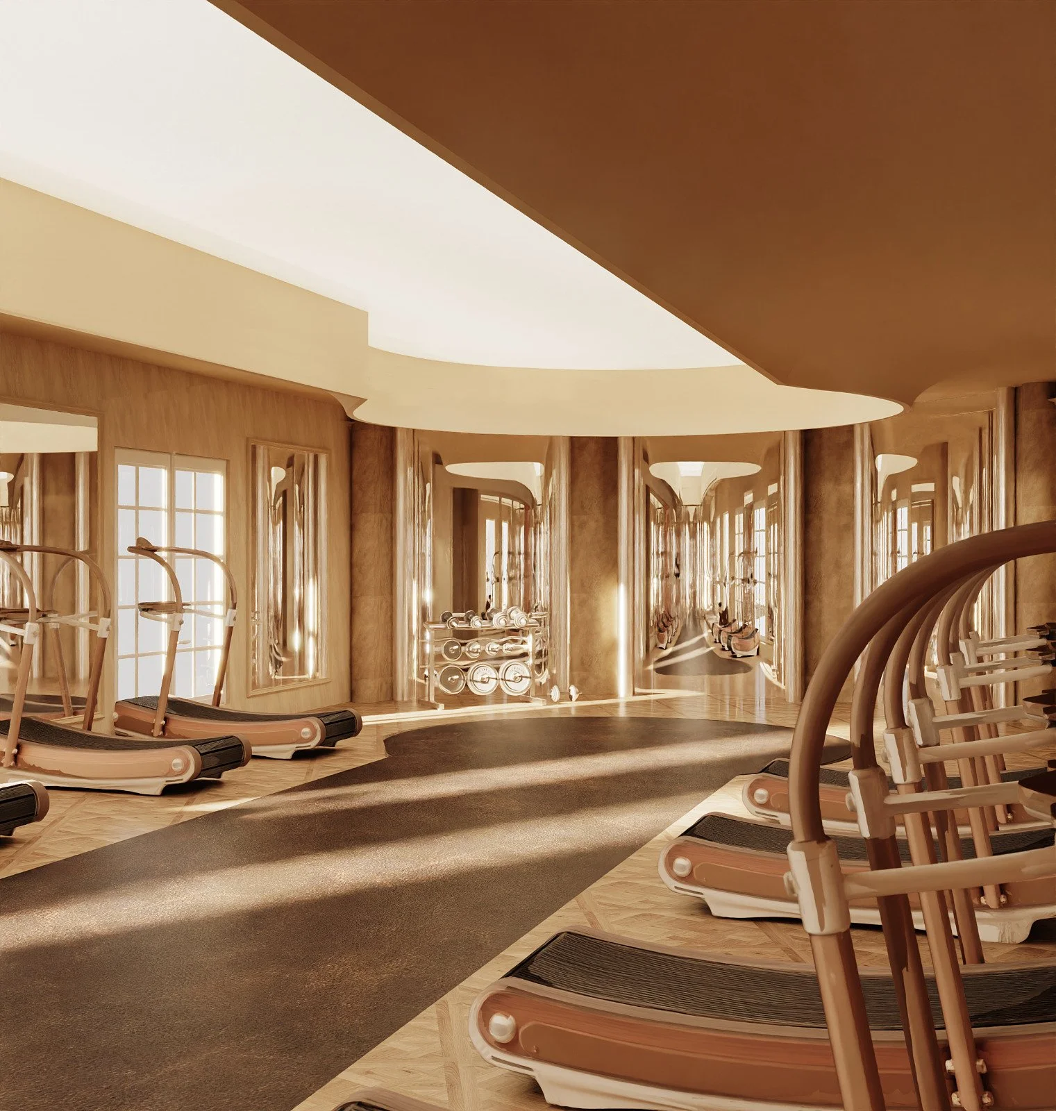 Salle de sport lumineuse avec des tapis de course, des miroirs, et des appareils de fitness en bois clair, décorée dans des tons neutres avec un tapis noir