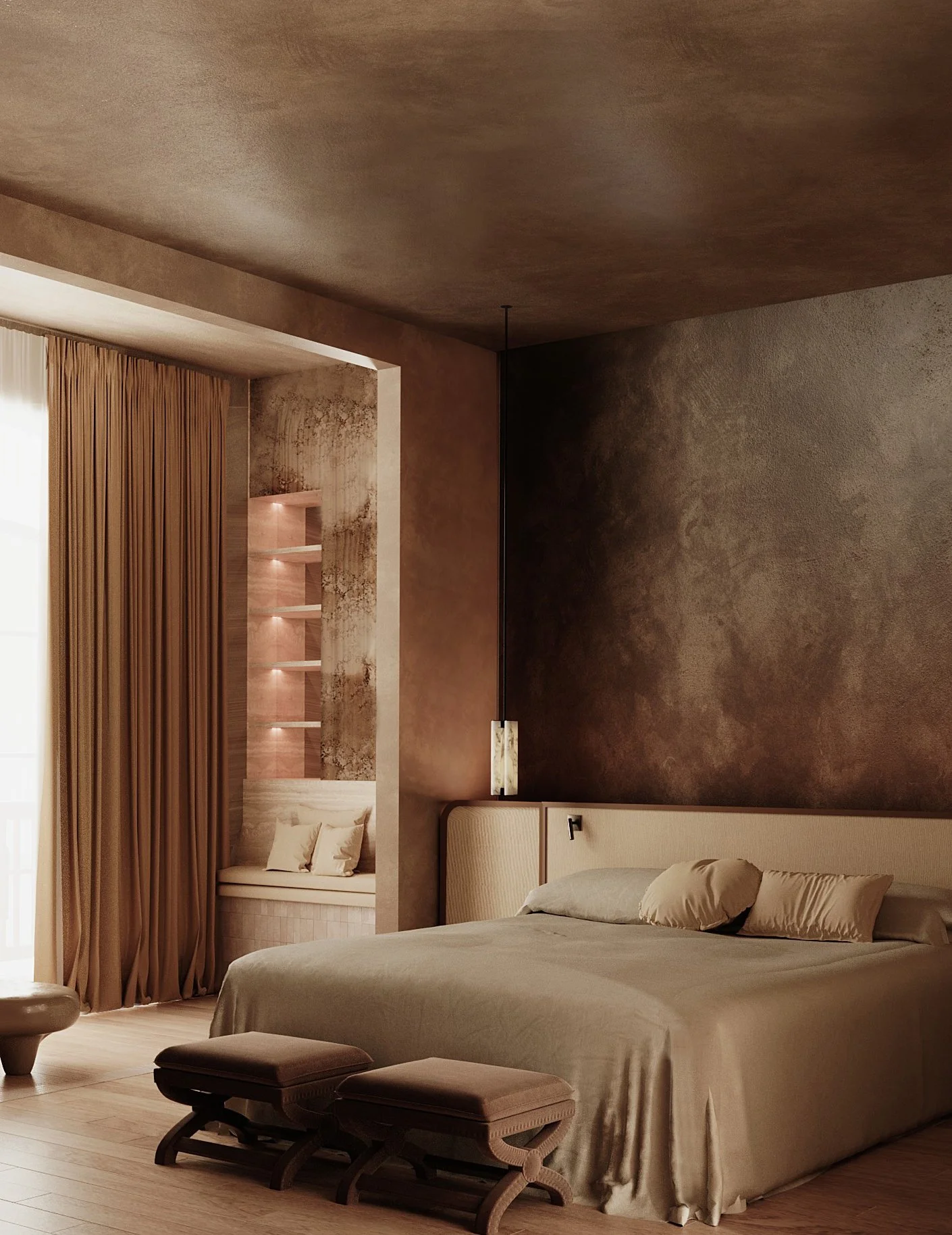 Chambre à coucher élégante avec un lit moelleux, des oreillers beige, des rideaux en tissu, un espace de lecture confortable avec des étagères et des lumières encastrées, et un éclairage tamisé.
