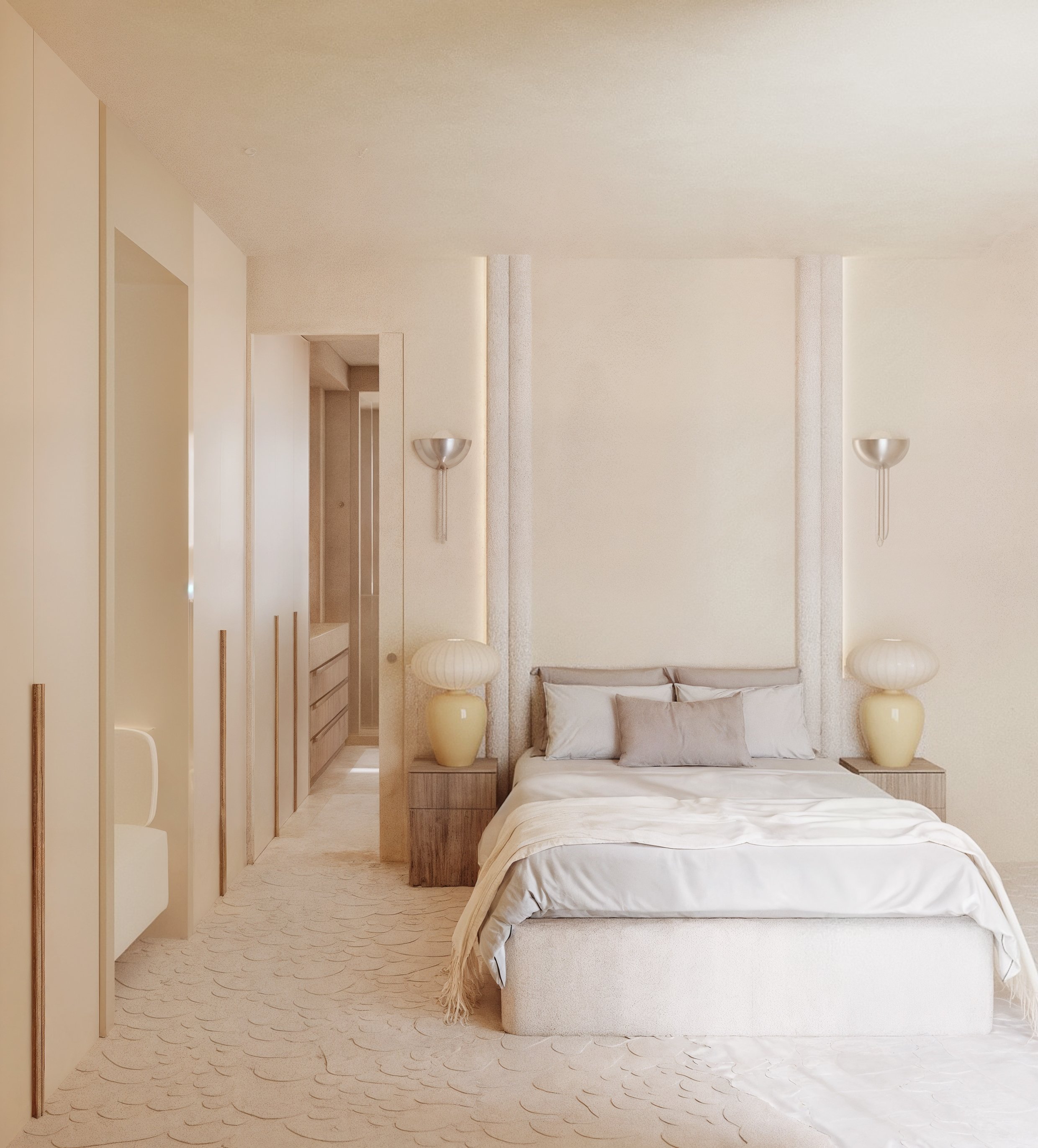 Une chambre minimaliste avec un lit, deux lampes de chevet, un armoire intégrée, une baie vitrée et un mur décoratif avec des colonnes.