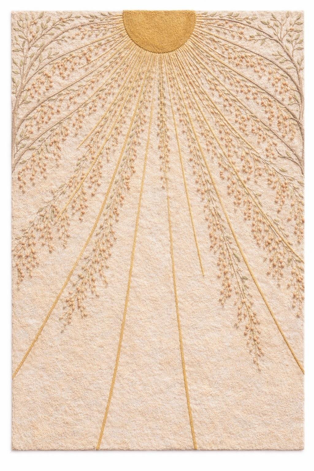 Une création artistique en relief représentant un soleil en haut et des branches de lavande s'étendant en dessous, avec un motif délicat et texturé.