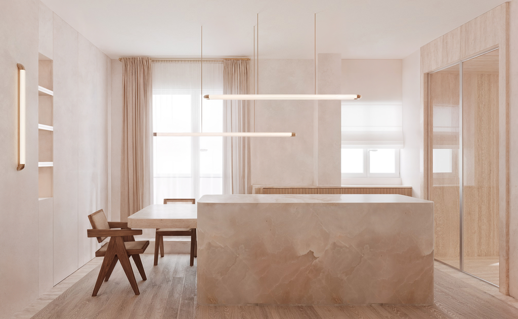 Intérieur minimaliste avec table en marbre, chaises en bois, murs clairs et grandes fenêtres avec rideaux légers.
