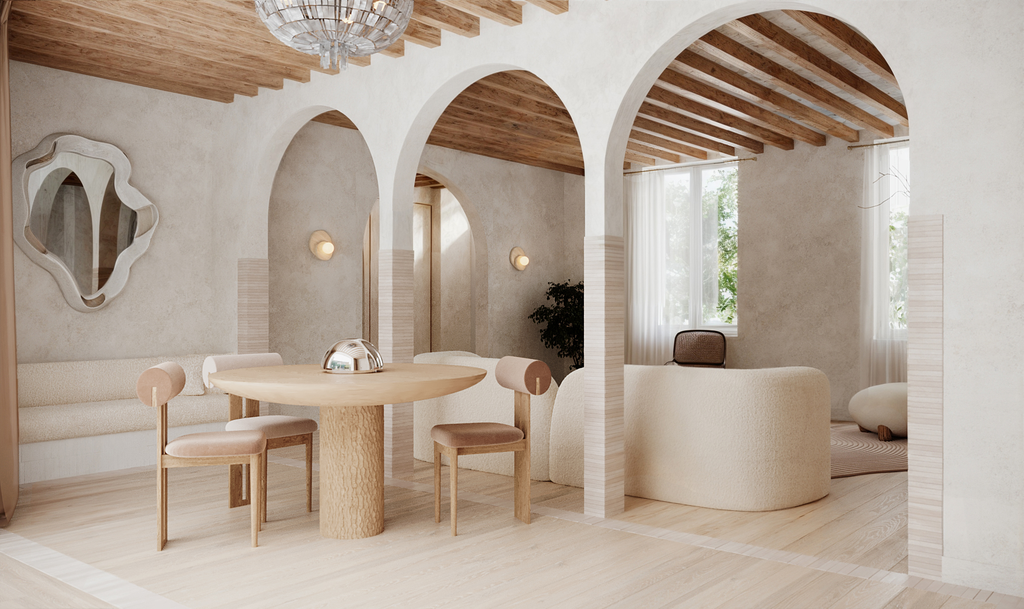 Intérieur d'un salon moderne avec mobilier en bois clair, arches en demi-cercle, murs beige clair, et grandes fenêtres laissant entrer la lumière naturelle.