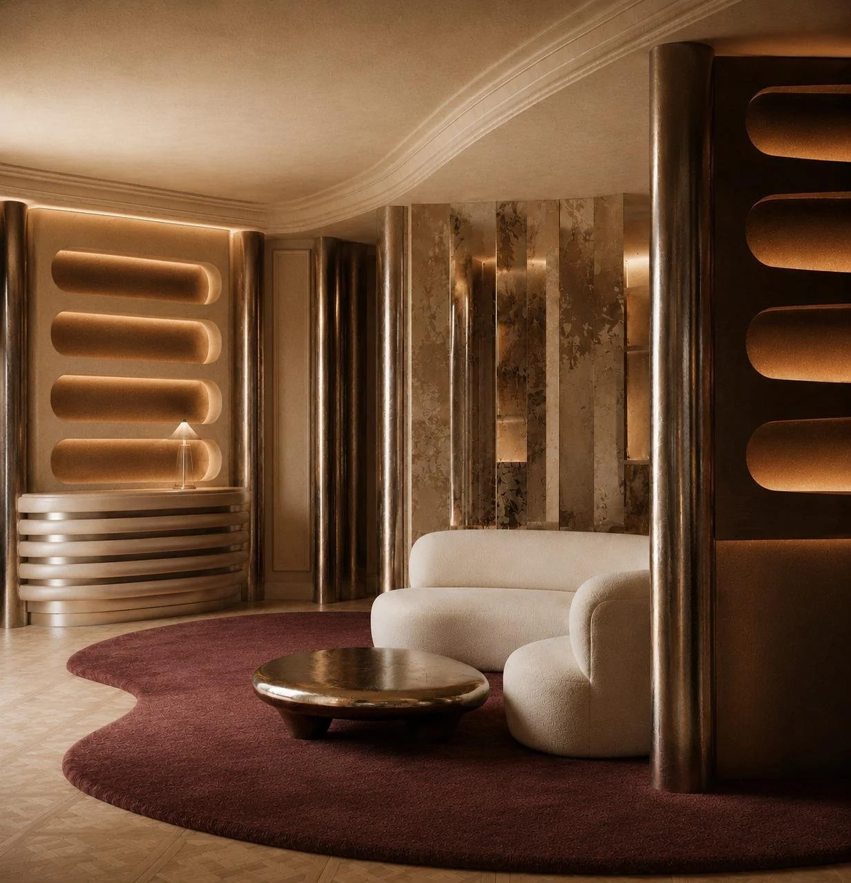 Intérieur luxueux avec une cheminée moderne, un canapé blanc arrondi, une table basse en métal, tapis circulaire bordeaux, murs en mousse acoustique et colonnes en métal brillant.