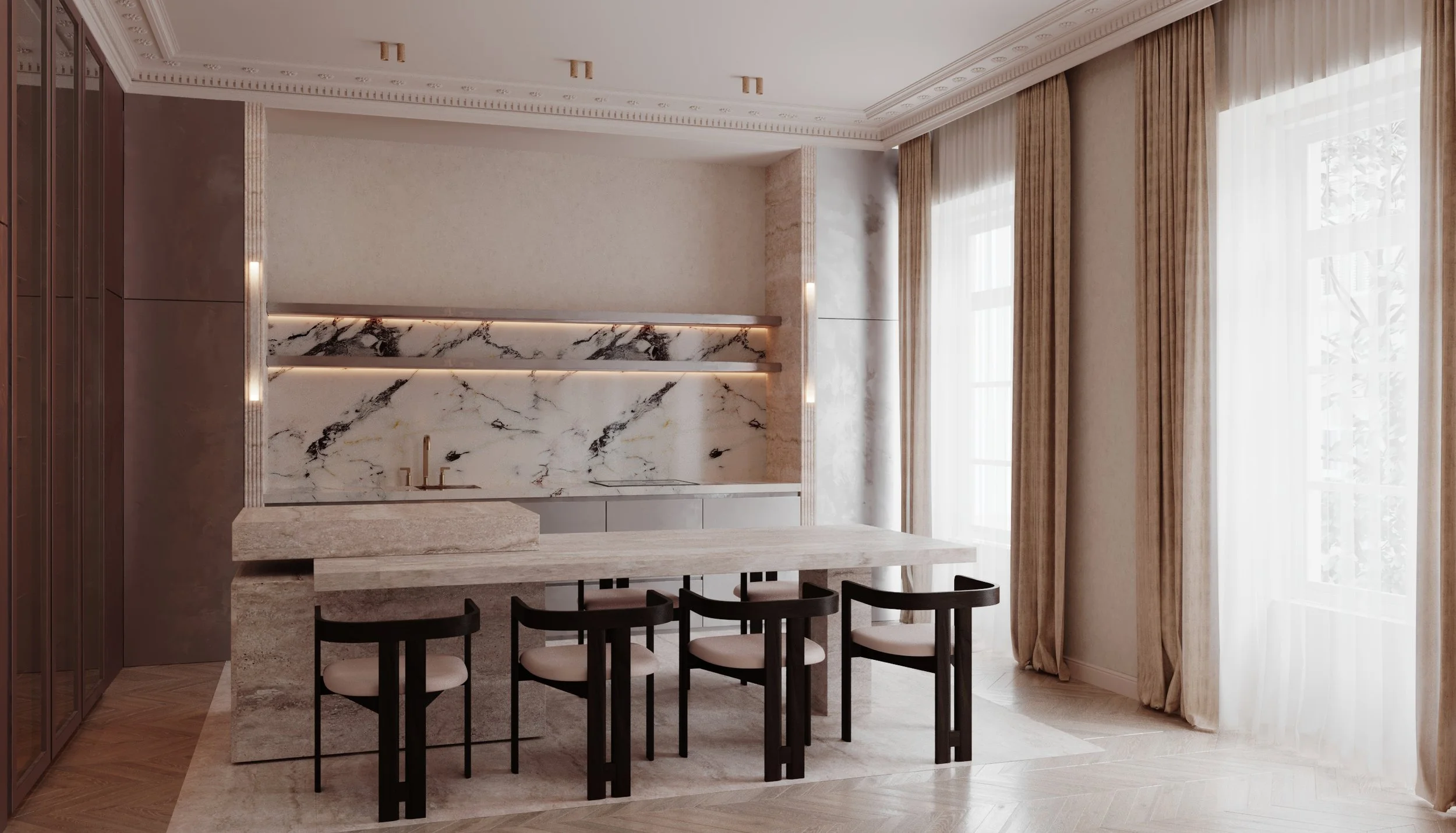 Intérieur d'une cuisine moderne avec comptoir en marbre, bar avec chaises, grands rideaux en tissu, et lumière naturelle provenant de grandes fenêtres.