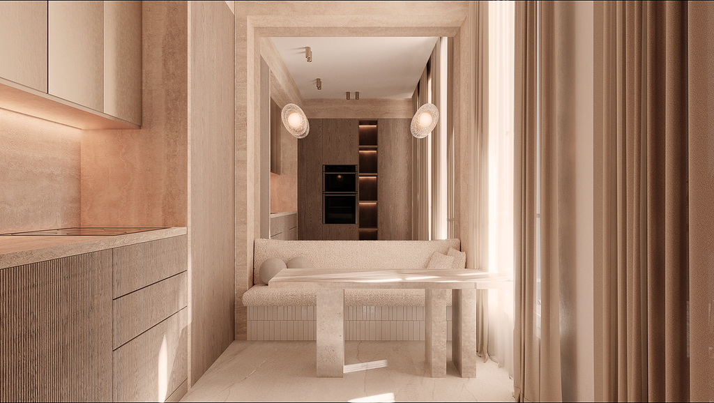 Intérieur moderne avec canapé beige, table, étagères encastrées, luminaires suspendus, et grandes fenêtres avec rideaux légers.