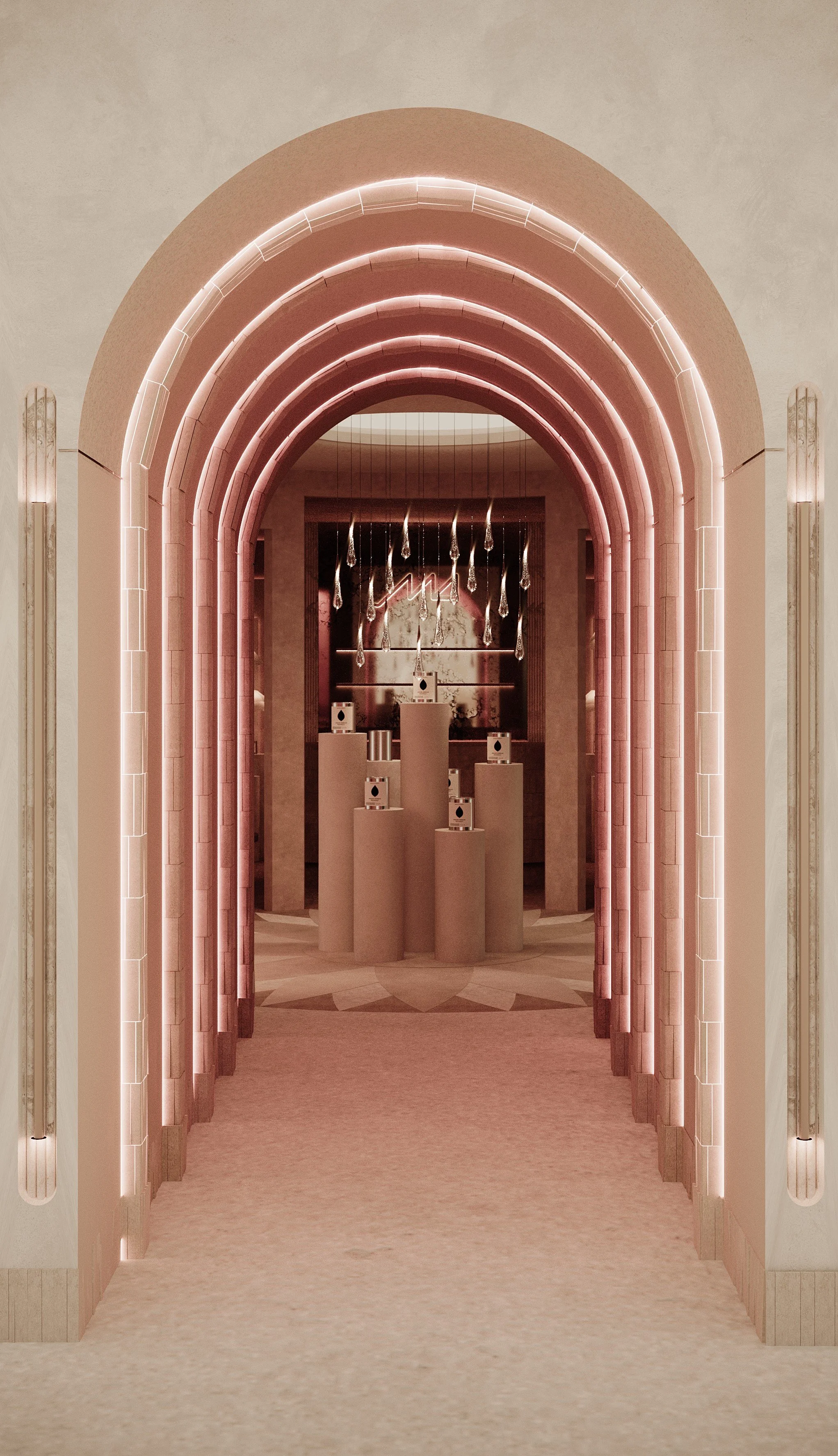 Un passage avec des arches en néon roses menant à une zone d'exposition avec des podiums et des suspensions en forme de gouttes au plafond.