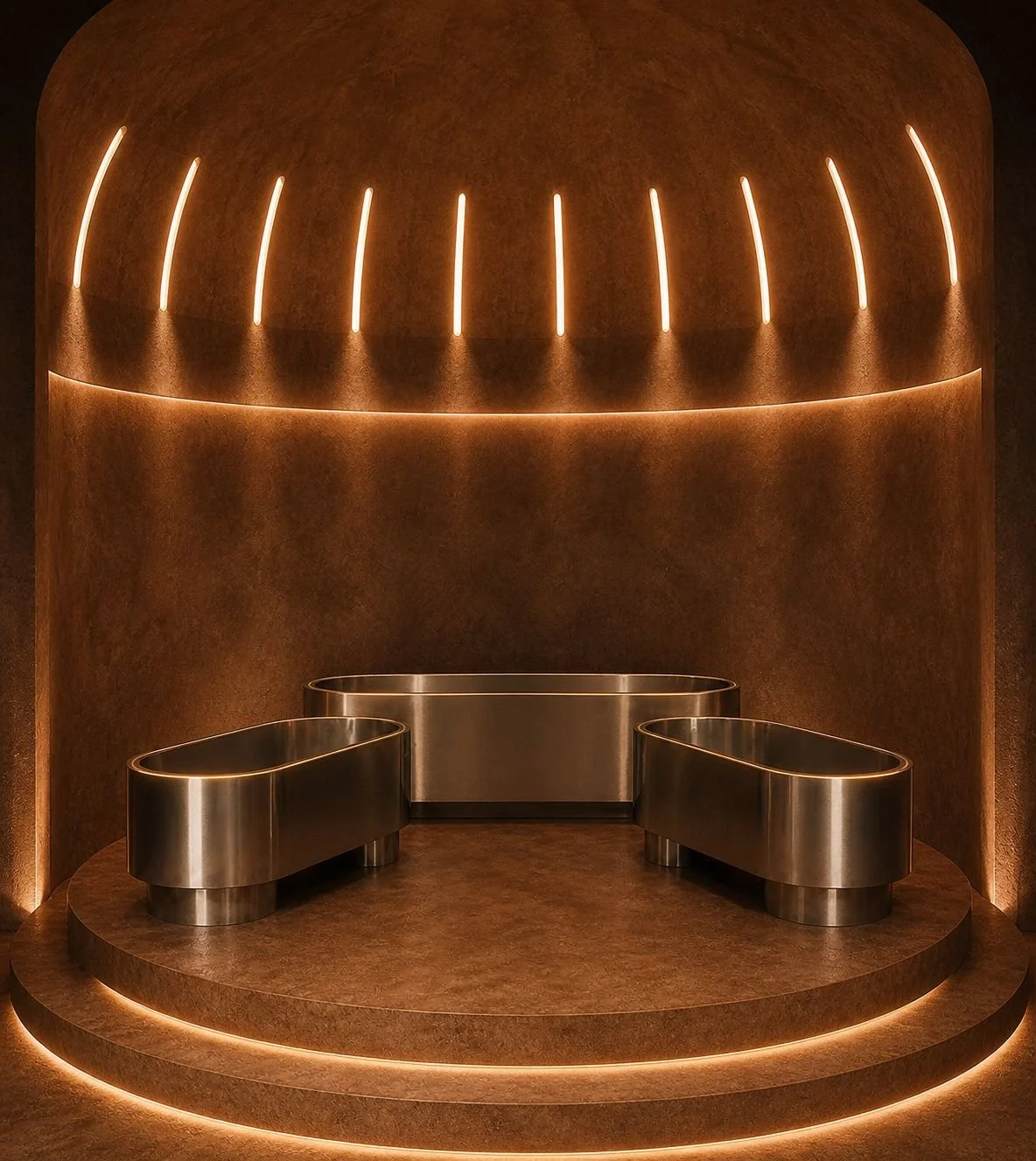 Une scène intérieure futuriste avec des formes organiques en métal brillant, éclairée par des lumières chaudes, dans une ambiance minimaliste