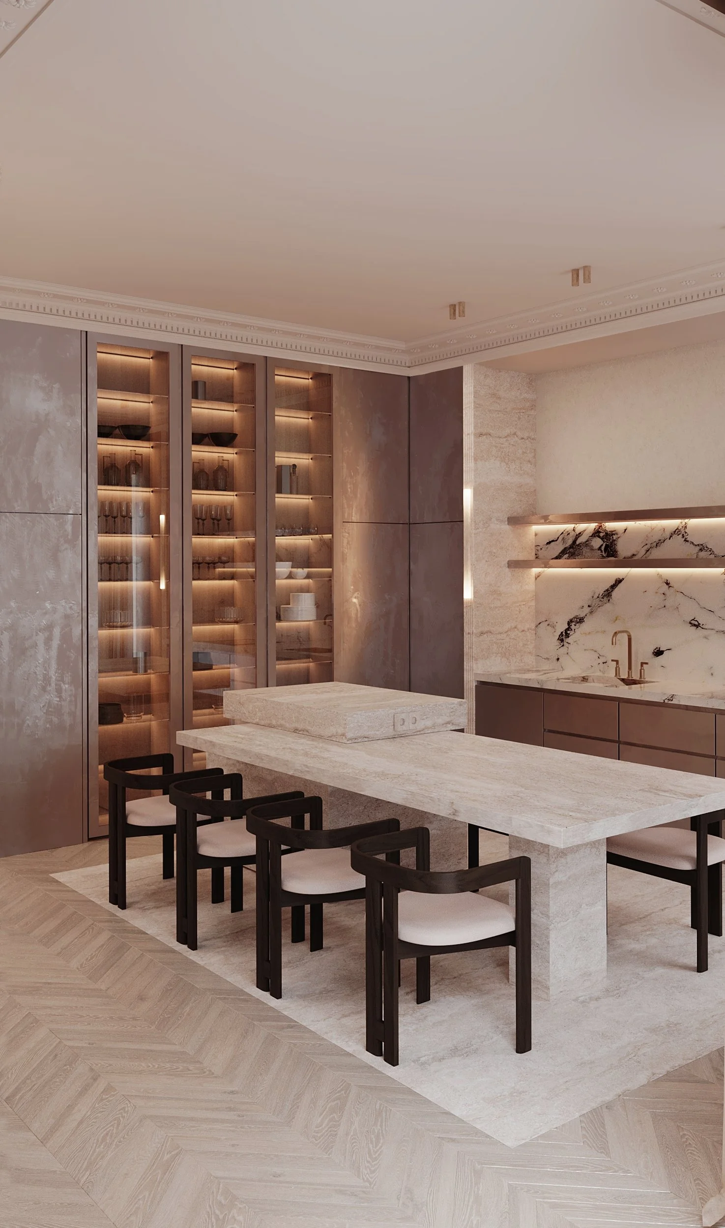 Cuisine moderne avec comptoir en marbre, étagères en marbre noir, plancher en bois clair et meuble de rangement en verre avec lumière intérieure.