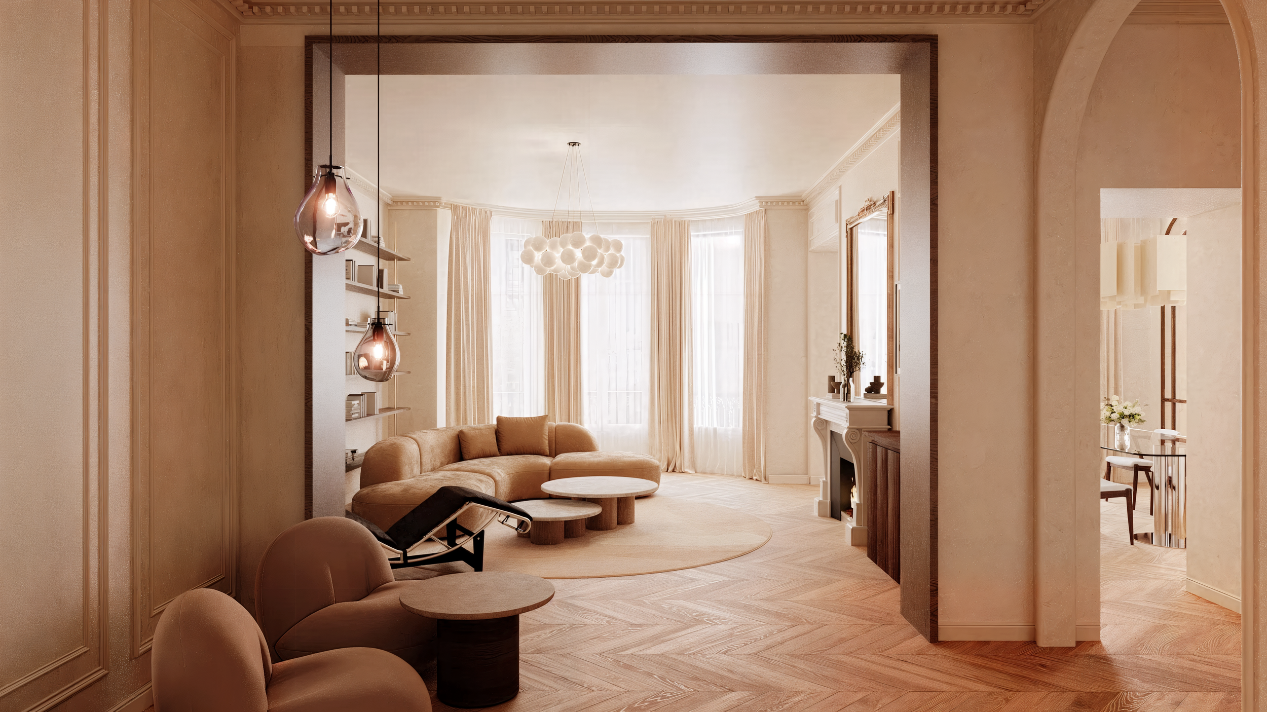 Salon lumineux avec un canapé beige, une table basse ronde, des rideaux blancs, un chandelier suspendu blanc, une cheminée blanche décorée avec des plantes et des objets décoratifs, vue à travers un cadre en bois, décoration intérieure élégante et ch