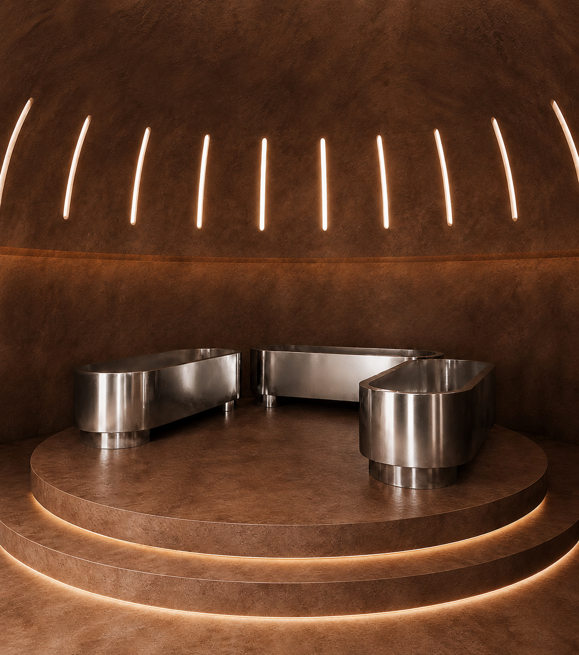 Intérieur moderne avec des bancs en métal et des lumières ascendantes sur un mur brun.