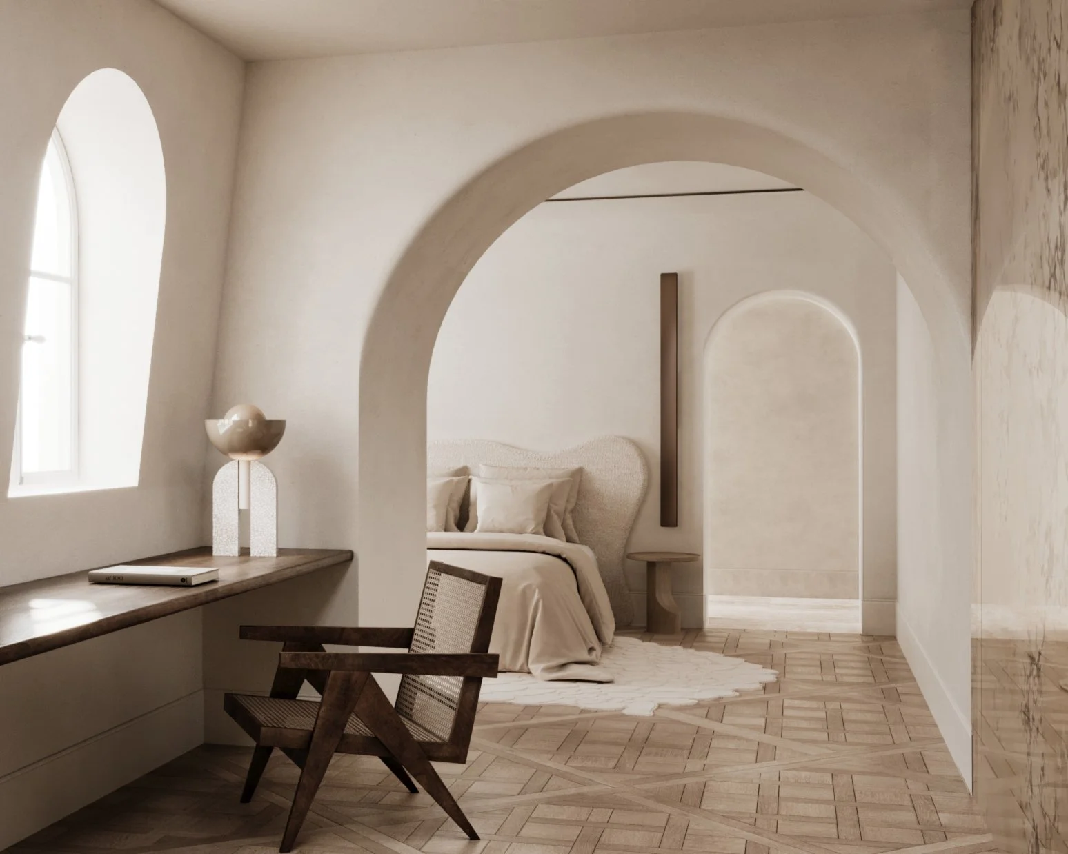 Chambre minimaliste avec lit beige, mur clair, fauteuil en bois, armoire en miroir, et décoration neutre.