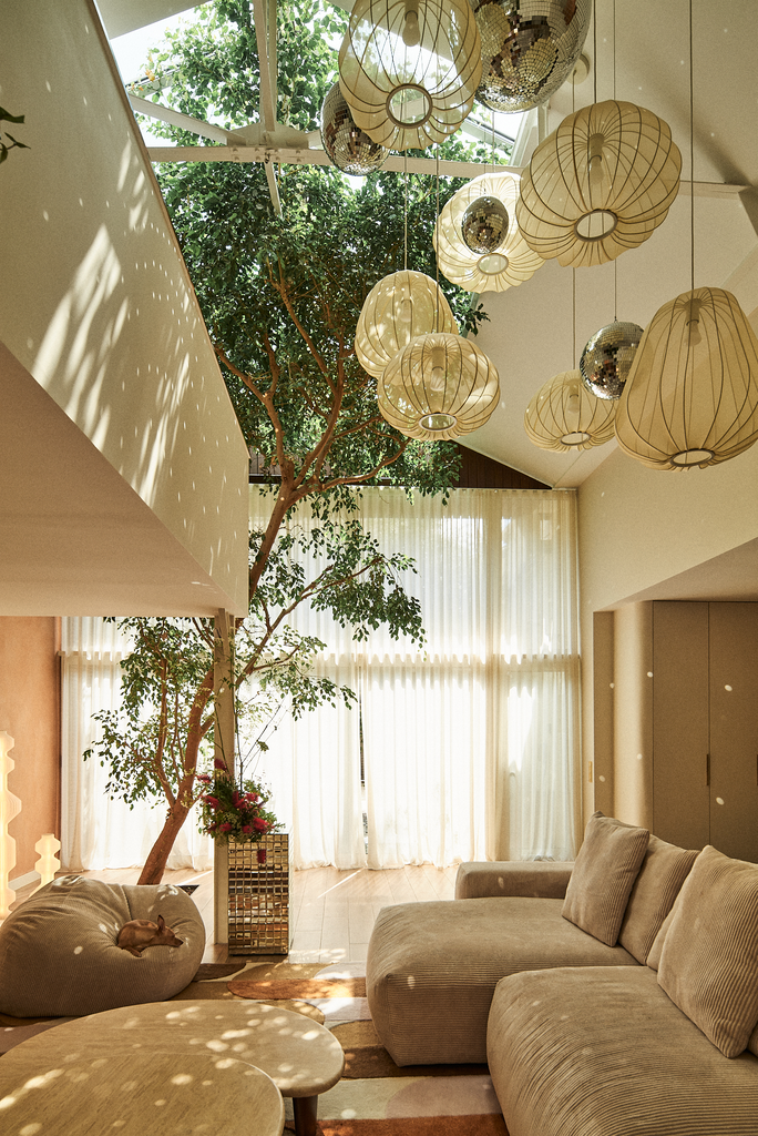 Salon intérieur avec un canapé beige, un arbre d'intérieur, des lampes suspendues et une grande fenêtre avec des rideaux blancs, ambiance chaleureuse.