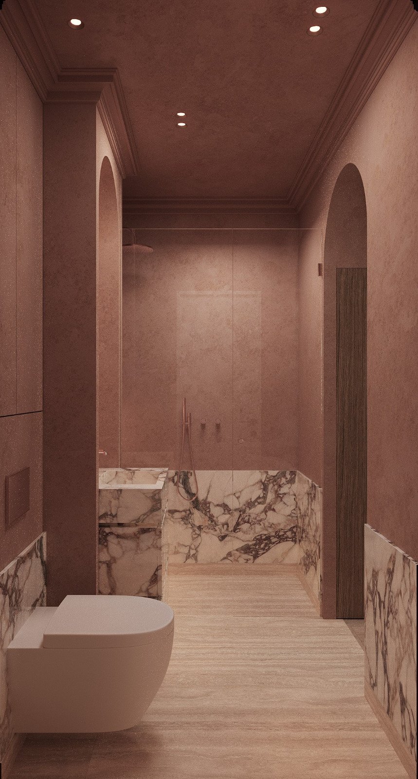 Salle de bain moderne avec toilettes suspendues, murs en marbre blanc avec veines sombres, sol en bois clair, et une zone de douche en arrière-plan.