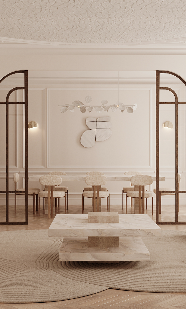 Une salle à manger élégante avec un mur blanc, un tableau abstrait et un éclairage doux, séparée par des portes en bois courbées.