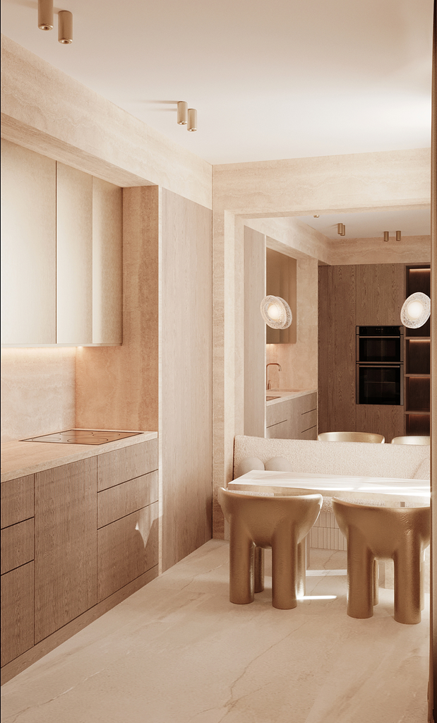 Cuisine moderne avec éclairage encastré, mobilier en bois clair, espace salle à manger avec chaise en forme d'ours en peluche.
