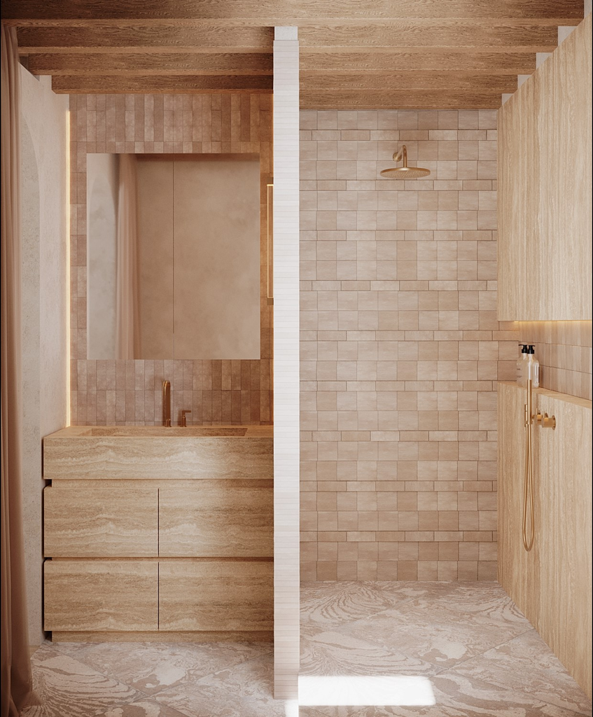 Salle de bain moderne en bois, avec une zone lavabo à gauche et une douche à droite, séparée par un mur.