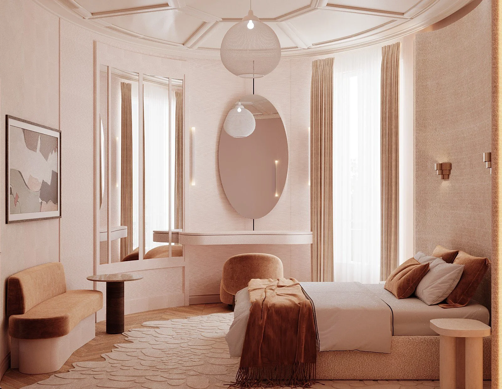Une chambre élégante et chaleureuse, avec un lit, des rideaux en tissu beige, un miroir oval, une chaise beige, un tapis crème, et un éclairage doux.
