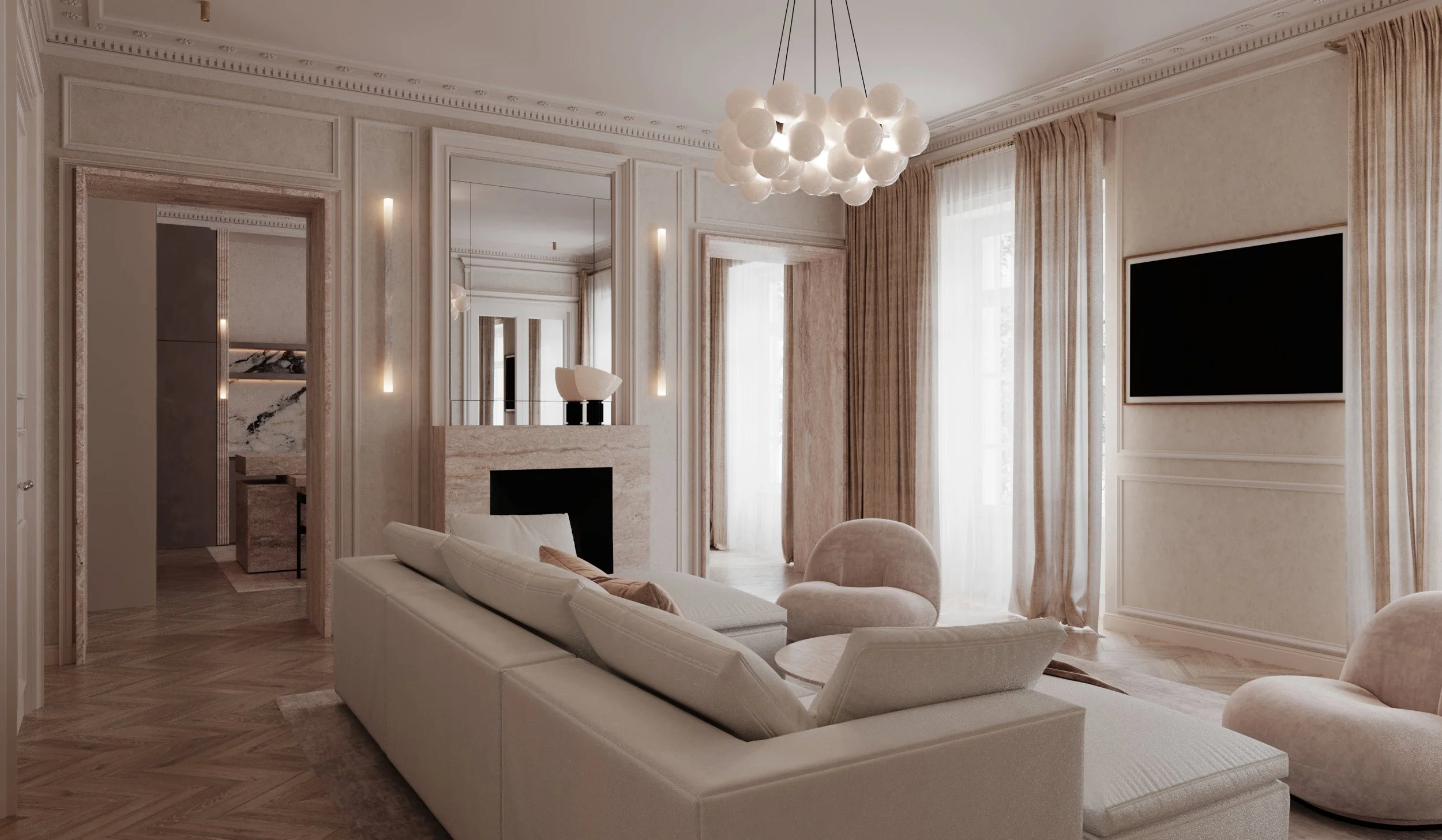 Salon élégant avec canapé blanc, fauteuils, grande télévision, rideaux beiges, lustre blanc en forme de sphères, murs décorés avec moulures.