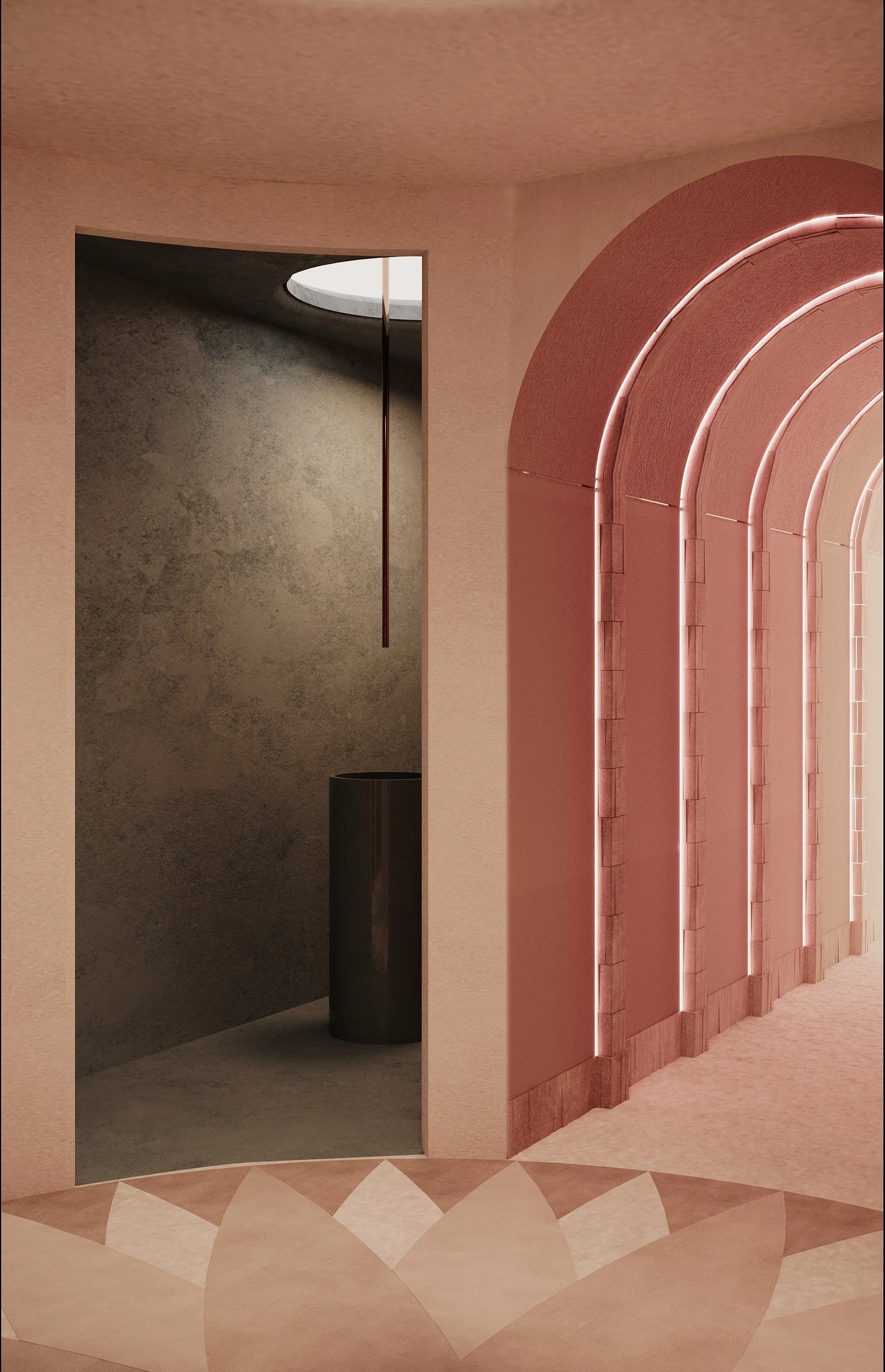Intérieur moderne avec une porte noire en miroir et un mur en briques roses avec un arceau éclairé au néon rose. Le sol est décoré de motifs géométriques de différentes teintes de rose.