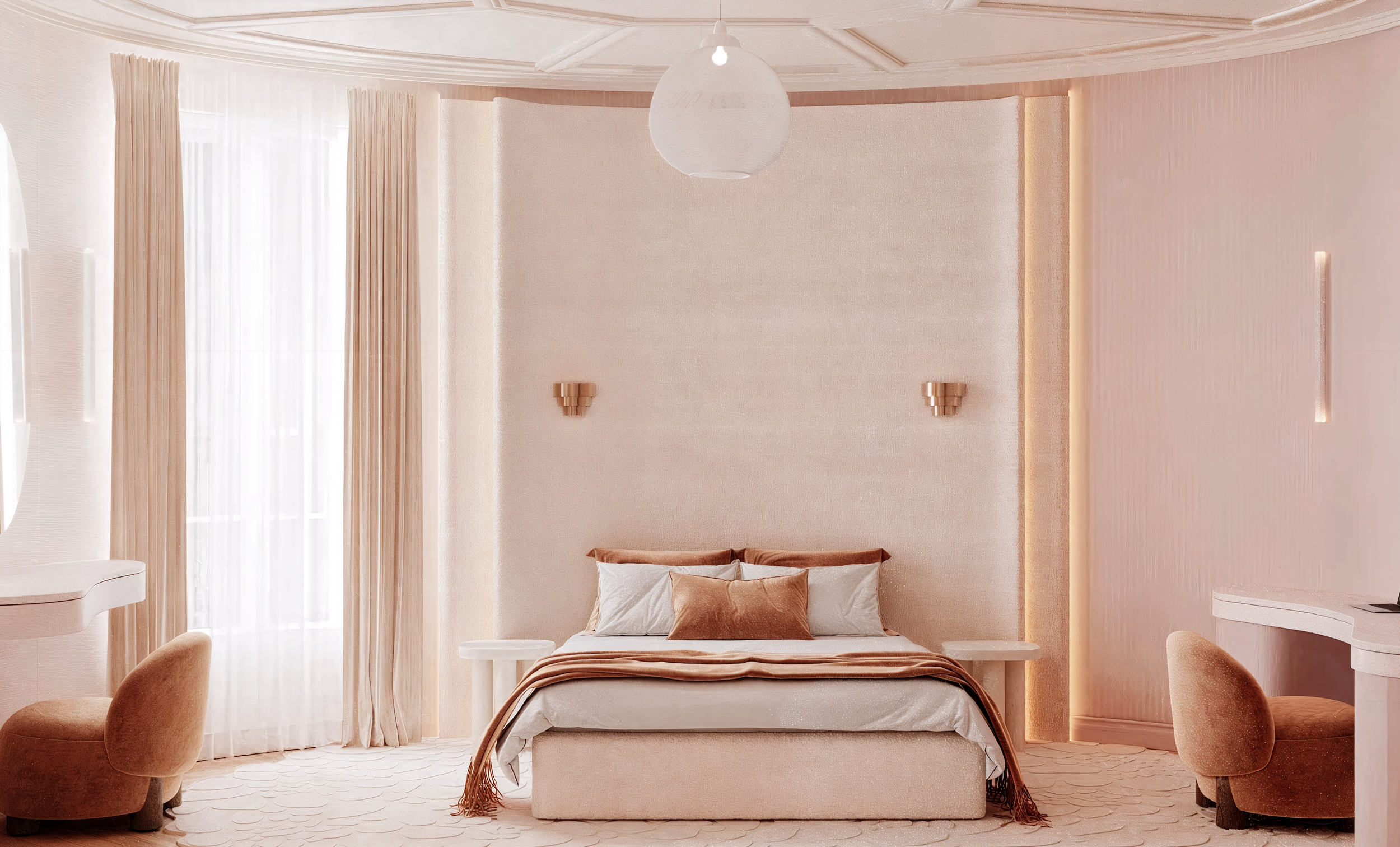 Une chambre élégante avec un lit au centre, des tables de nuit, des écharpes en velours et des rideaux en velours clair. La décoration est dans des tons beige et cuivre, avec une lumière douce.